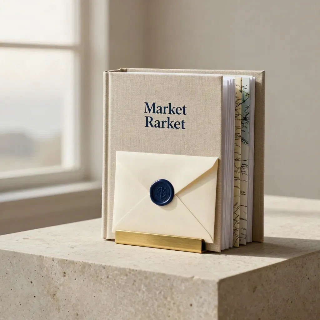 Linen-bound market entry playbook box set with map sleeve, envelope and brass clip on travertine