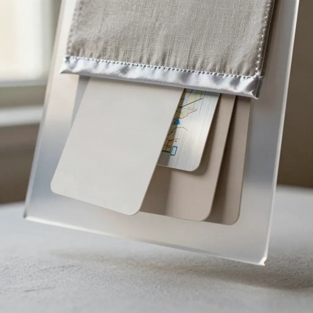 Macro of a translucent market-entry kit with divider cards and map insert on pale plaster.