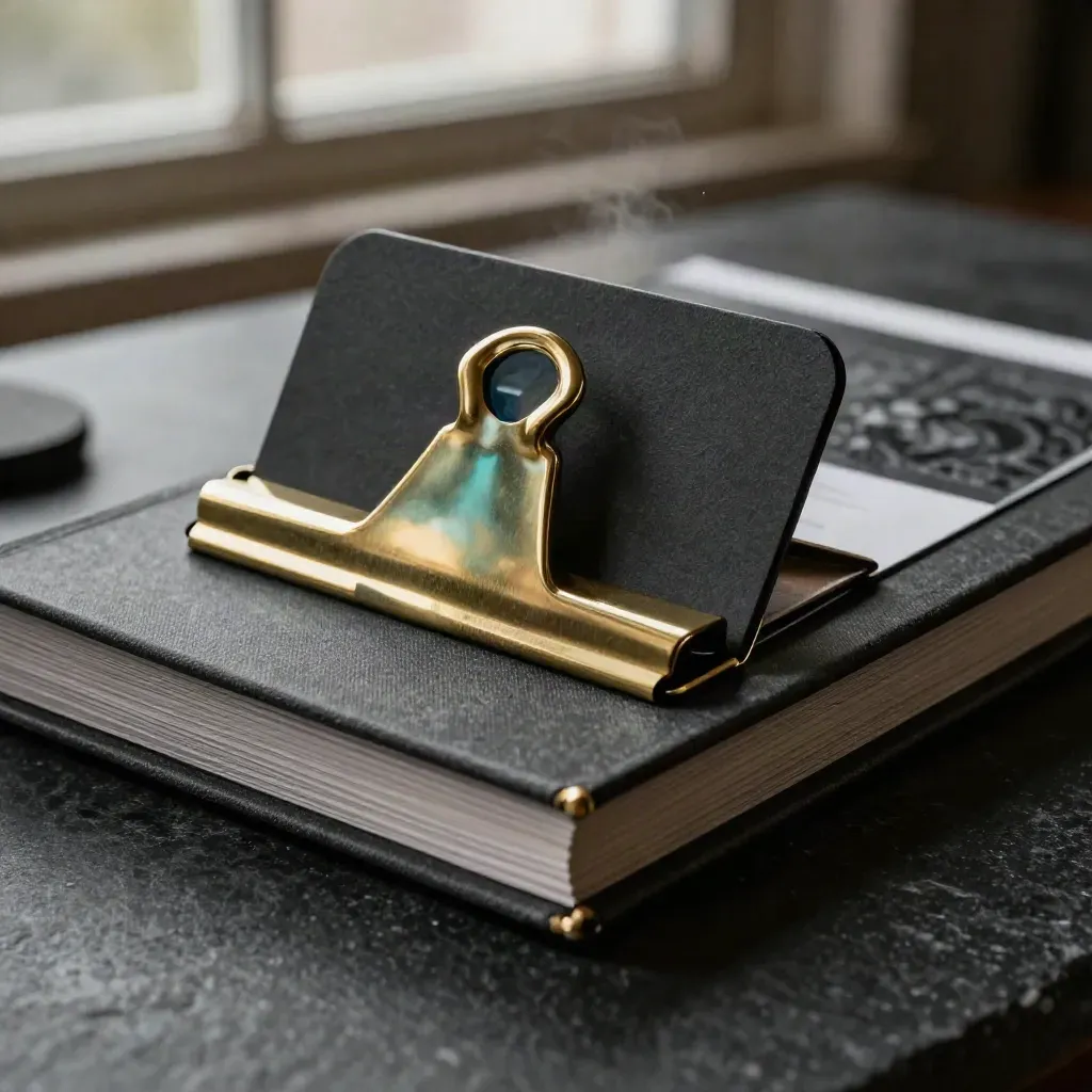 Brass-clipped executive briefing deck on dark stone with soft rim light and teal accent.