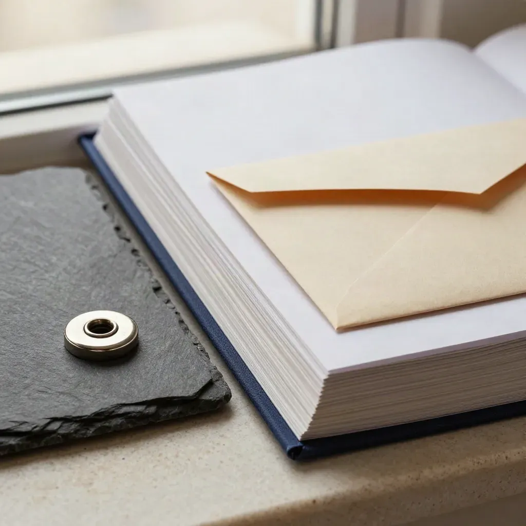 Due diligence dossier, slate tile, sealed envelope and fastener set in a premium still life