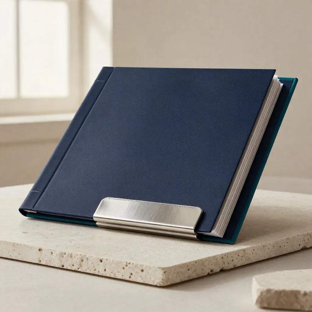 Open teal-edged binder, navy sleeve, stone block and metal clip on a dark studio slab.