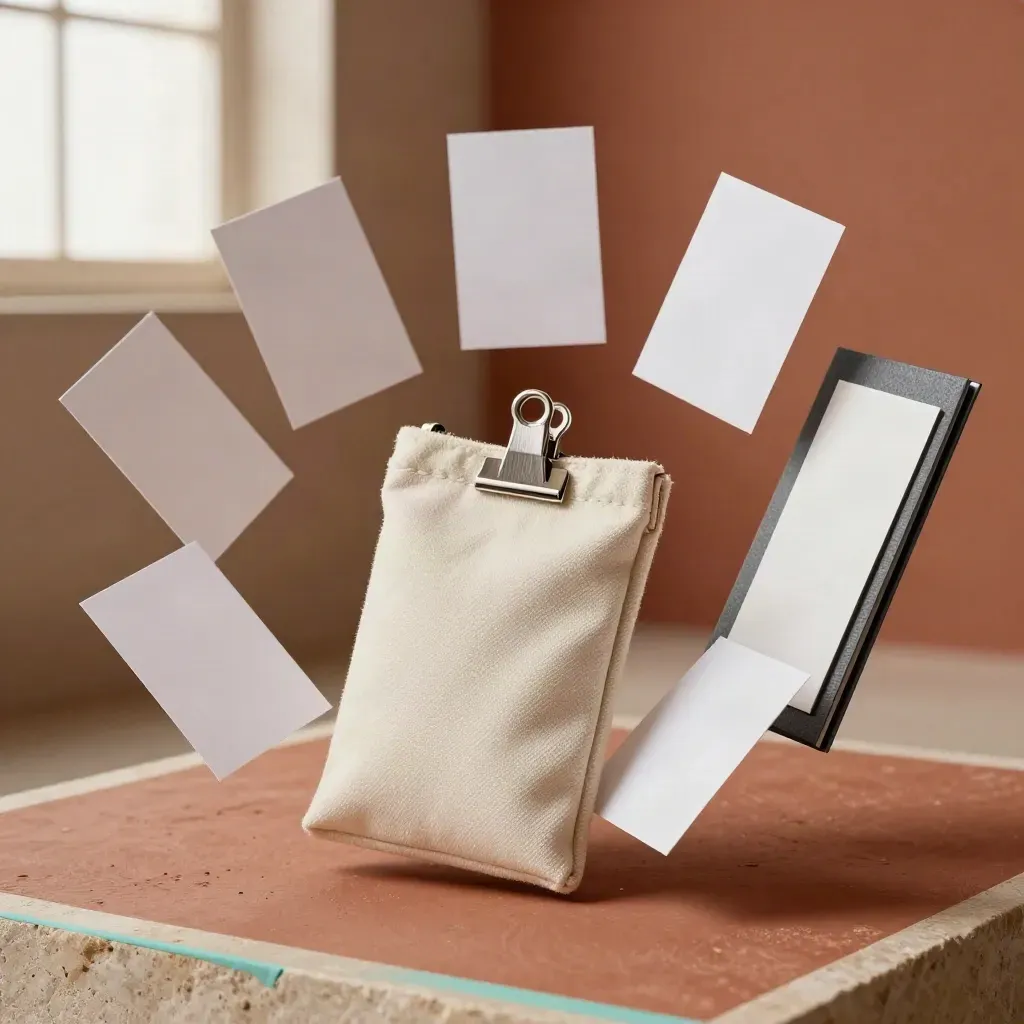 Floating cross-border ops pack with route cards, pouch, clip and sleeve on terracotta backdrop