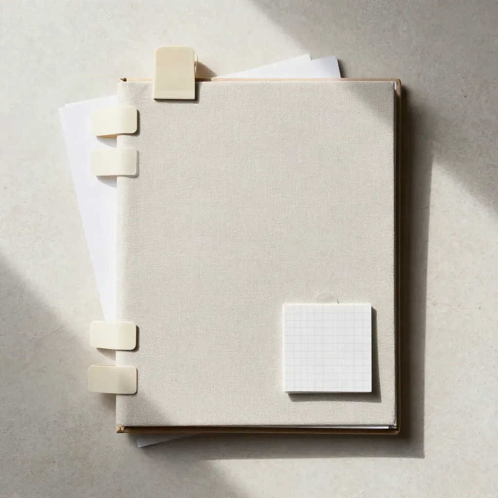 Overhead growth-plan bundle with linen cover, tabs, divider and paperweight on pale stone.
