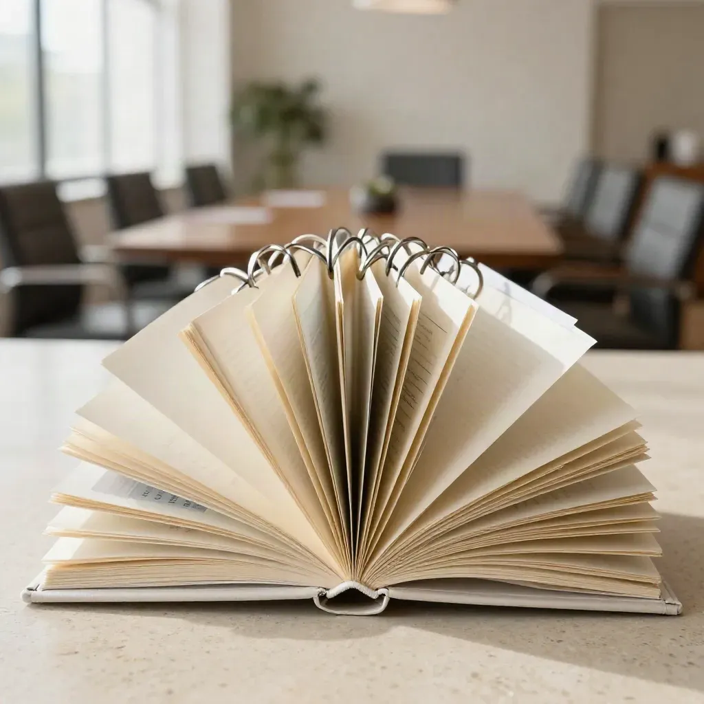 Ivory ring binder with tabs and partner cards on travertine in soft daylight.