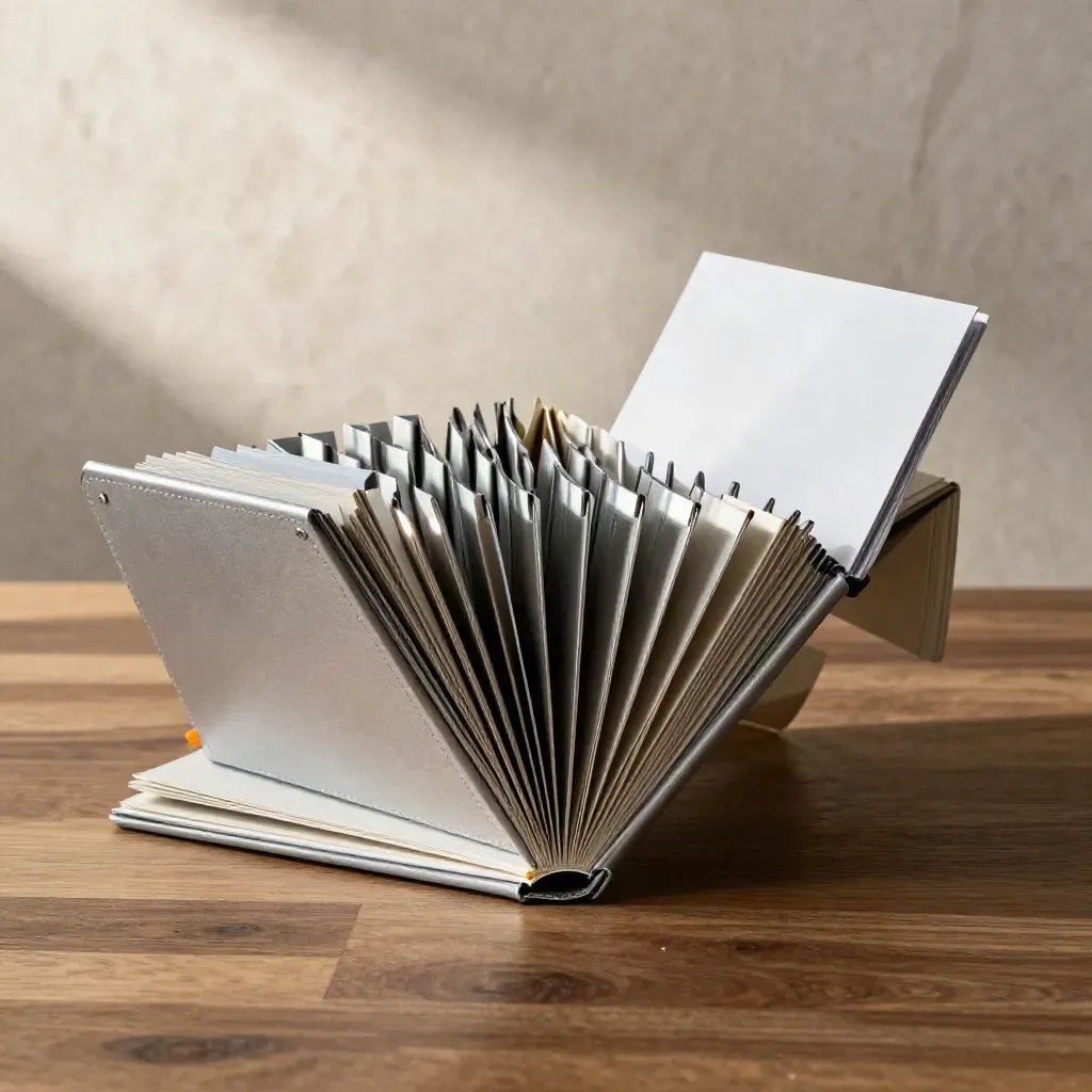 Accordion folder timeline map with silver markers on a warm walnut surface