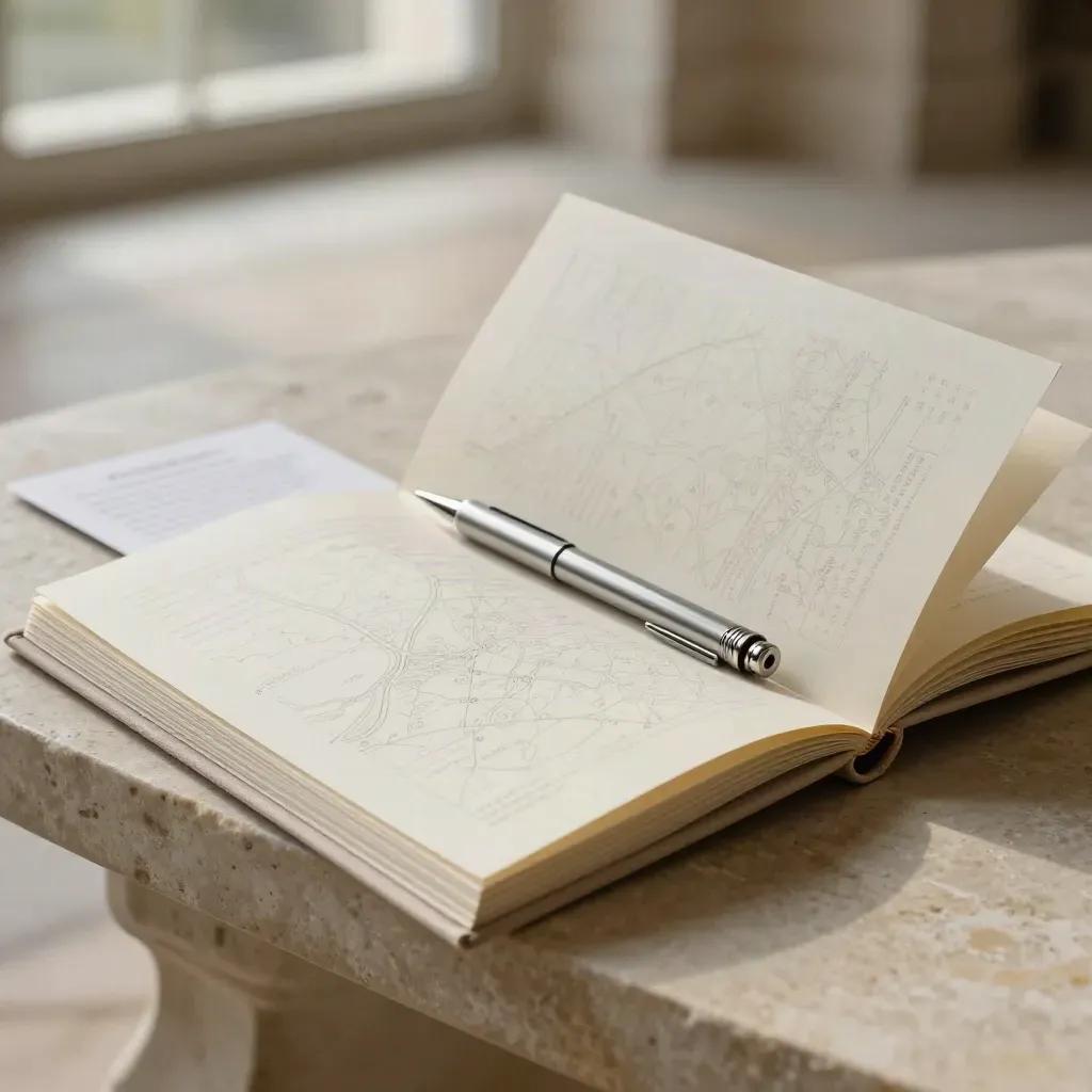 Open sales route review folio with silver marker and cloth on pale stone bench.